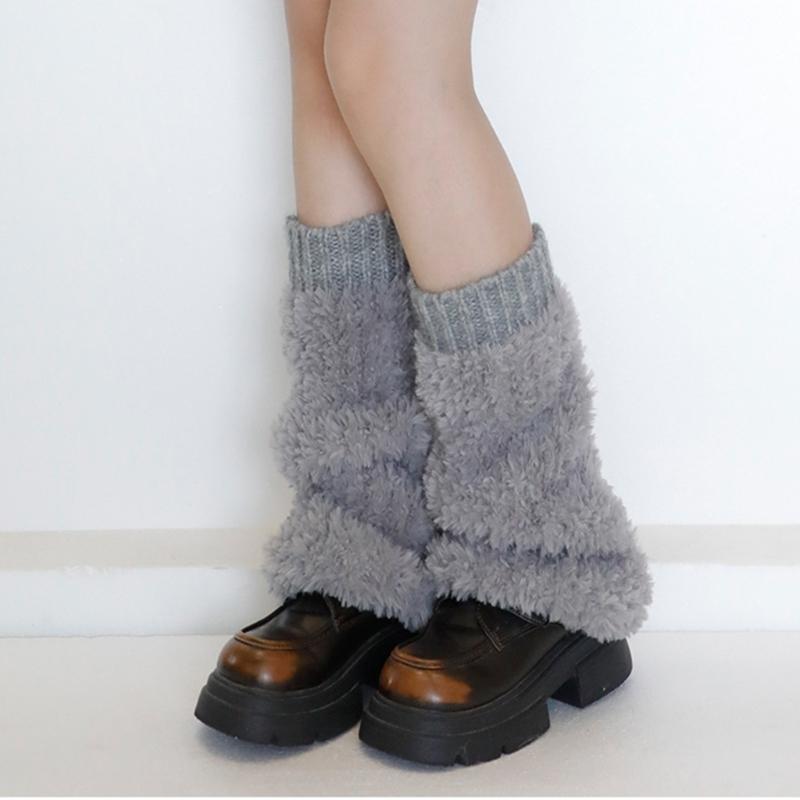 Ribbed Knit Cuffs Furry Leg Warmers for Women Students Winter Furry Plush Boot Covers Stretchy Calf Socks Streetwear
