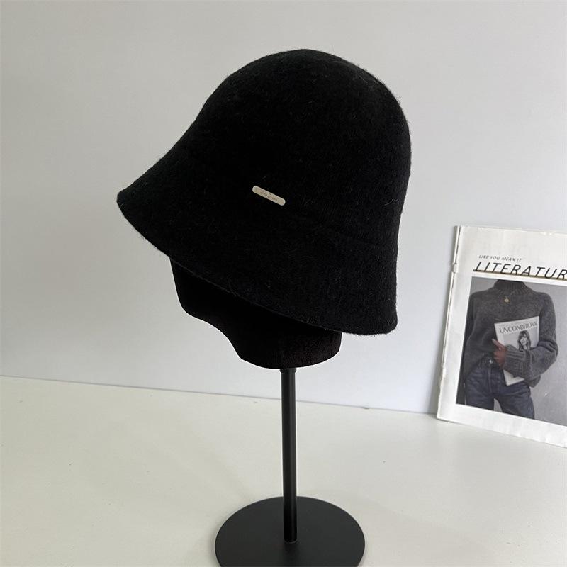

Шерстяная шапка осень-зима вязаная панама однотонная для маленького лица теплая шерстяная шляпа-ведро M（56-58cm） чёрный