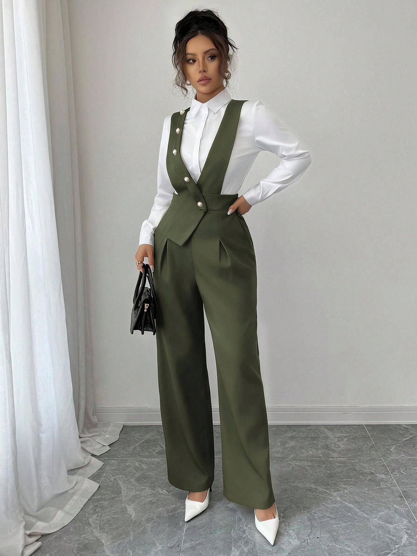 2026 spring and summer fashion commuting solid color slim-fit sleeveless overalls PJ0535 S зелёный