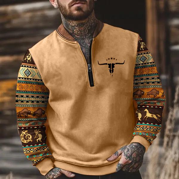 Retro High Street Half-Zip Pullover Stand Collar Oversized Casual Printed Men's Sweatshirt
