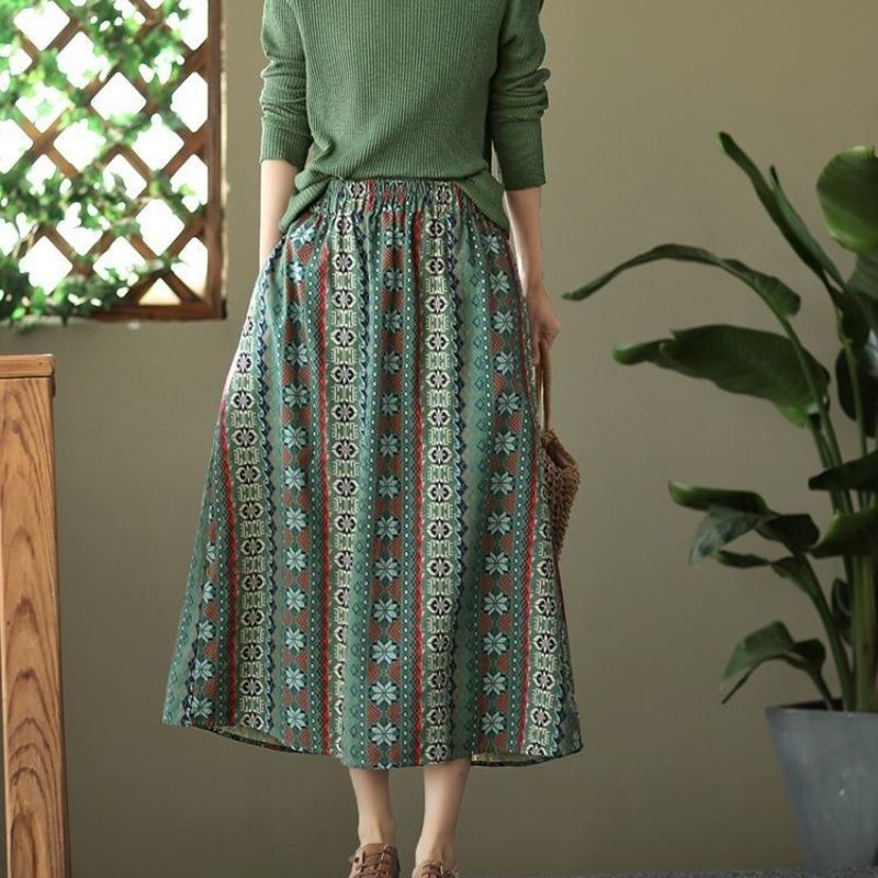 Haine de primăvară și vară Fustă A-line subțire și cu talie înaltă Fustă midi în stil etnic pentru femei