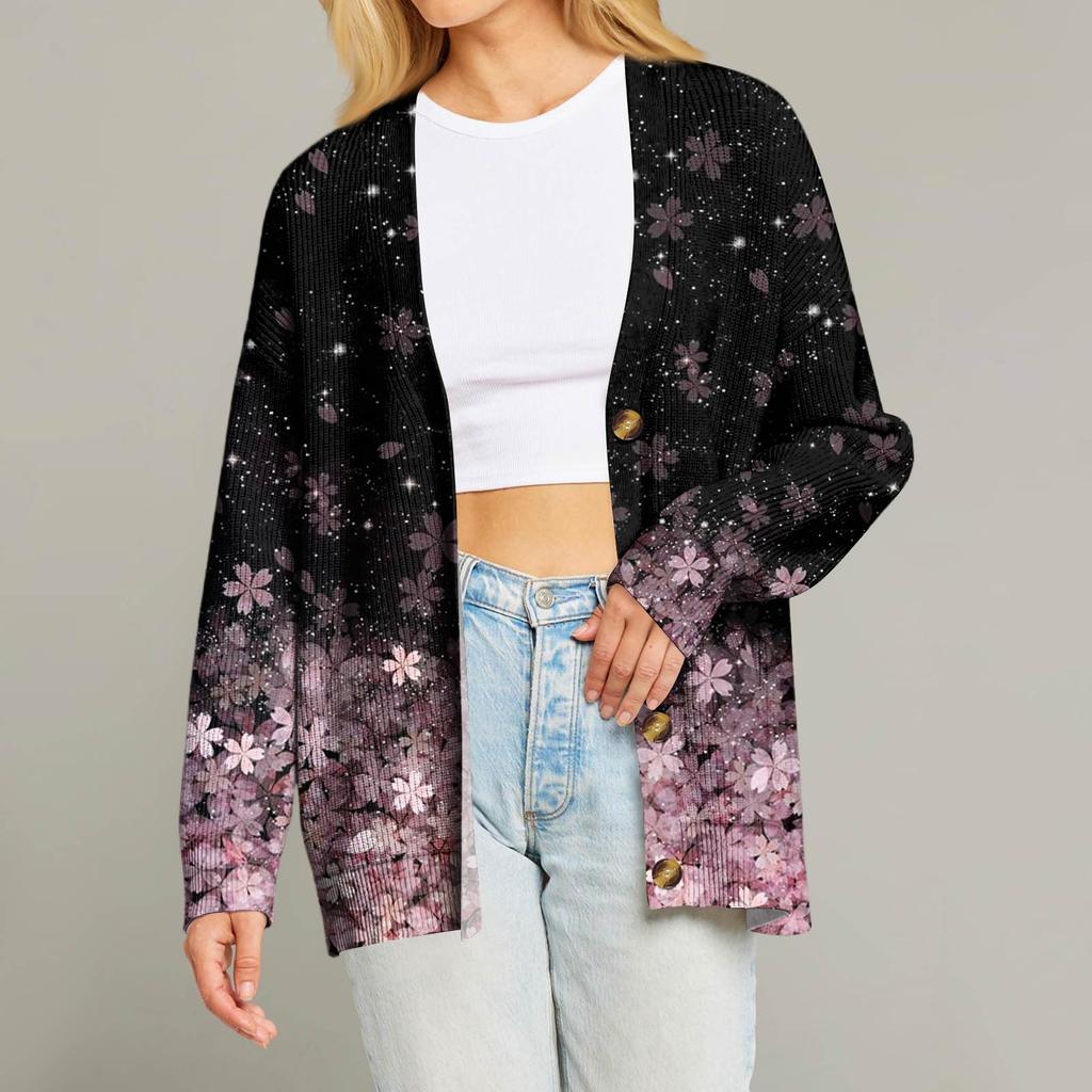Women's Fashion Long Sleeve Print V-Neck Button Loose Cardigan Top