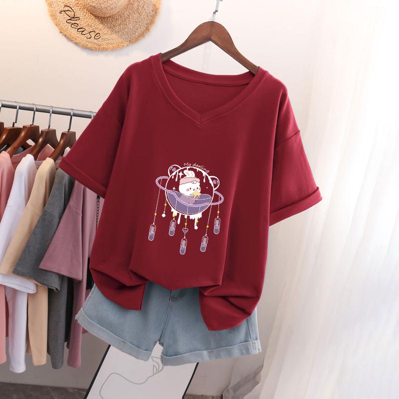 Short-sleeved T-shirt, Loose-fitting, Slimming Printed V-neck Top for Women