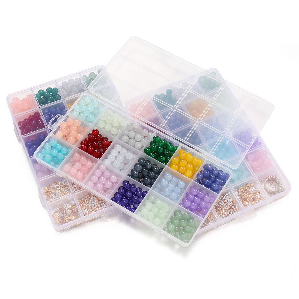 450-1300pcs 8mm Imitation Jade Glass Beads with Lobster Clasp Beads Caps Metal Jewelry Findings Kits for DIY Bracelet Necklace