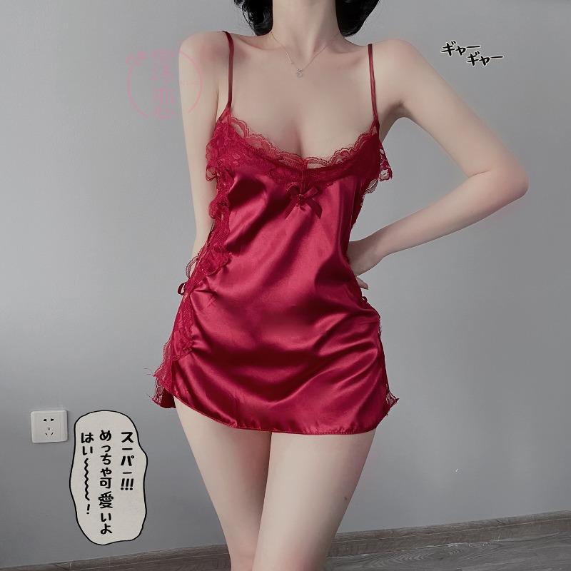 Sex underwear split suspender hollowed out sexy satin chiffon temptation skirt lace set