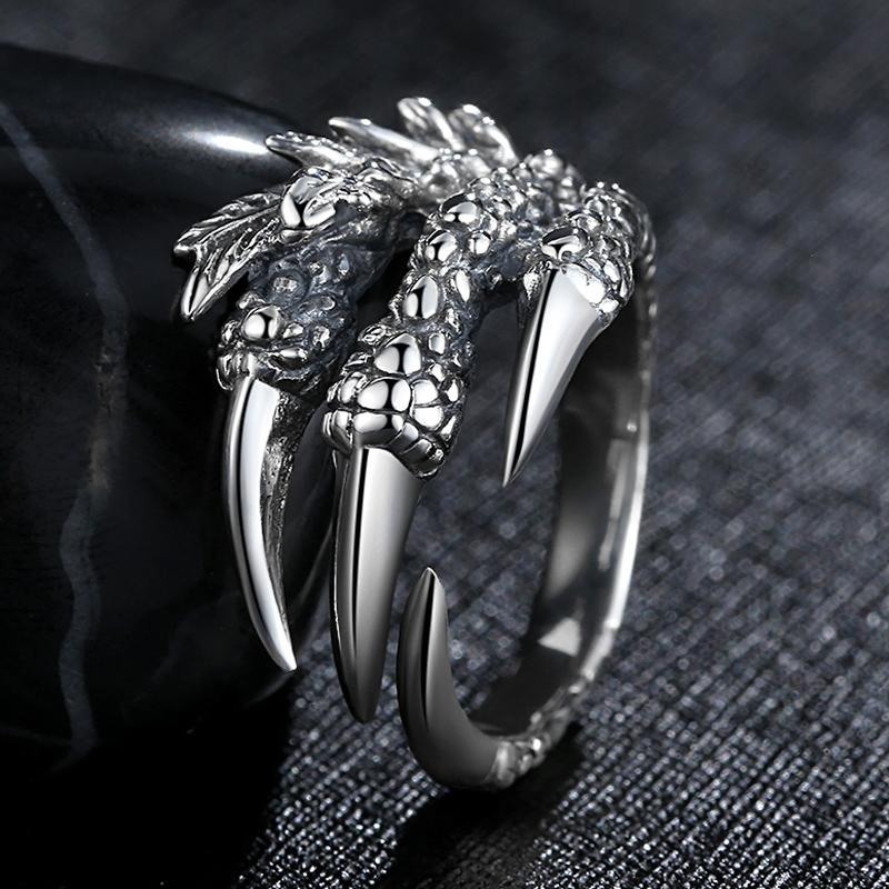 Vintage Punk Titanium Steel Eagle Dragon Claw Ring Gothic Halloween Jewelry for Men Open Rock Animal Skull Ring