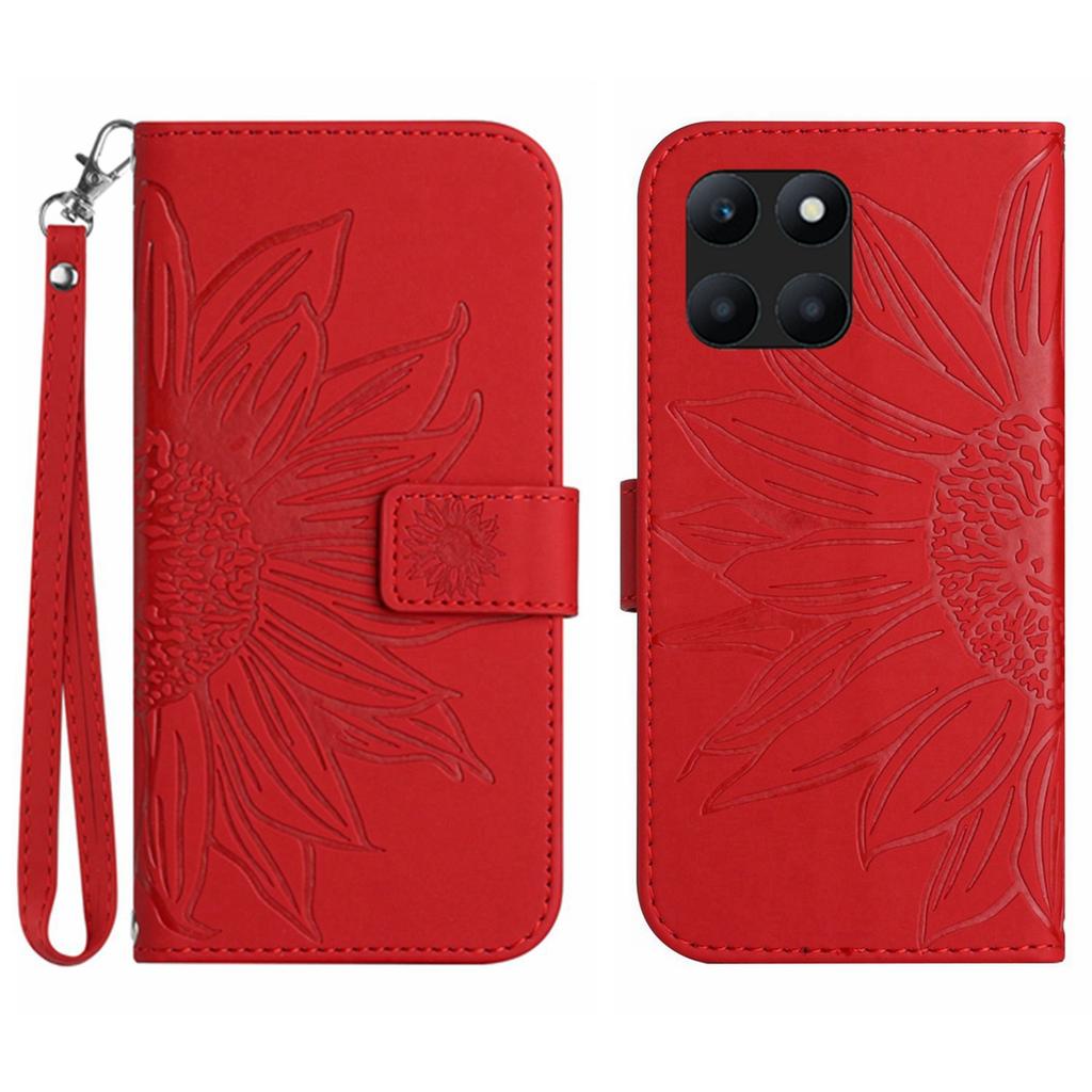 HT04 For Honor X8b 4G PU Leather Phone Case Wrist Strap Sunflower Pattern Cover