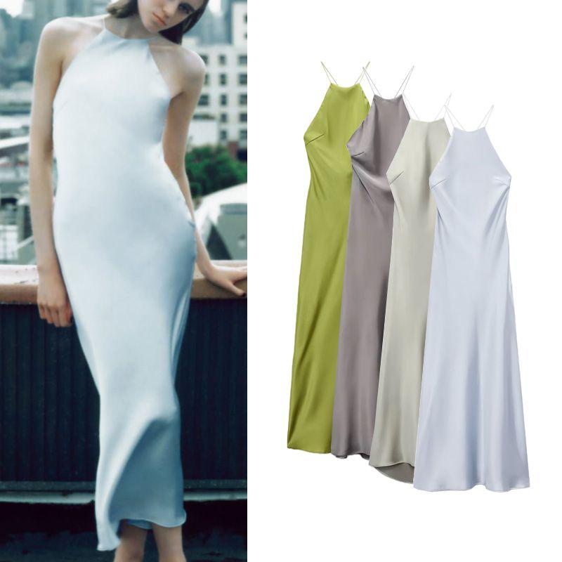 Spring New Arrival Open Back Evening Long Dress Sling Silk Satin Texture Dress 7904371 7904331