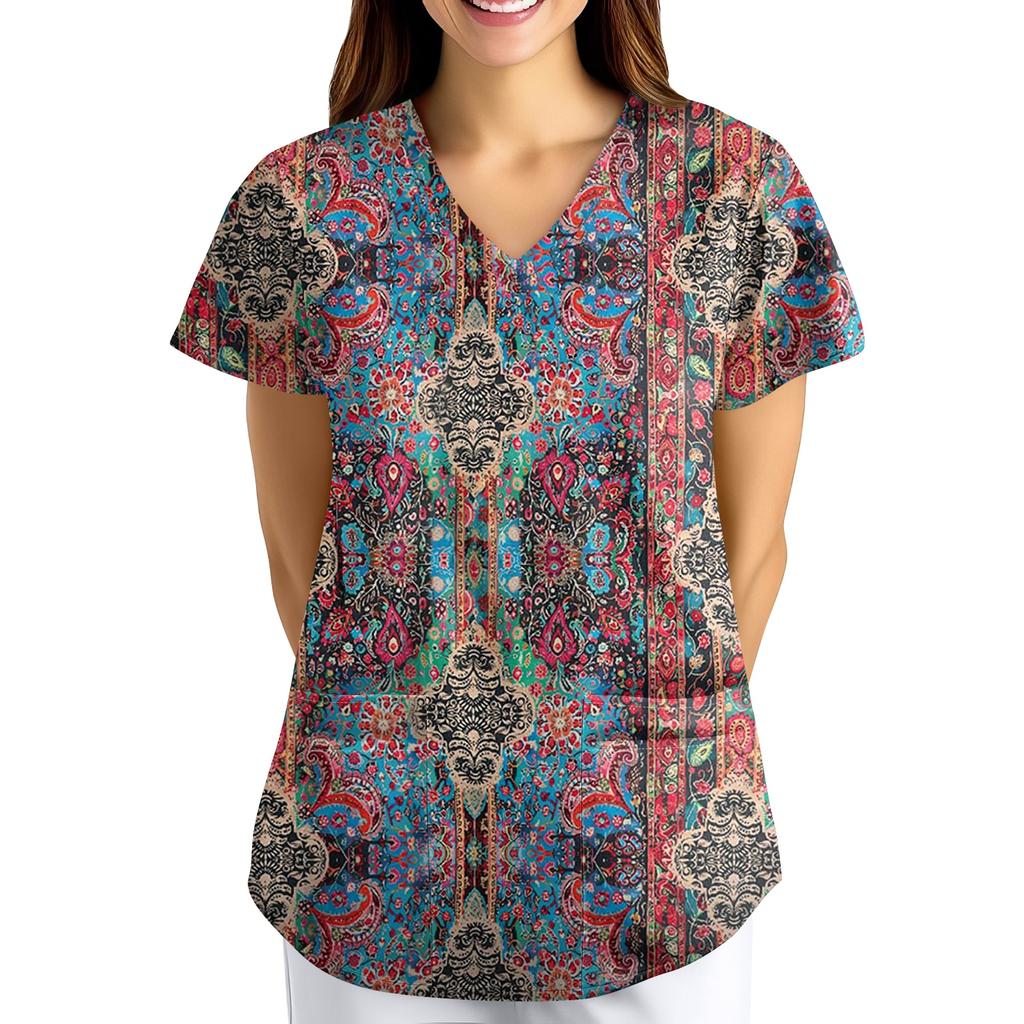 Plus SizePrinted Scrub Working Uniform Tops For Women's Cross V-Neck Print Short Sleeve Fun T-Shirts Workwear Tee With Pockets