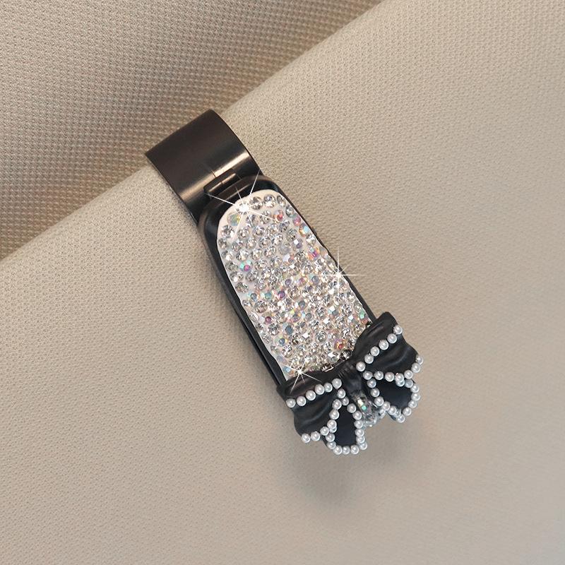 Cute Bow Car Sun Visor Organizer Sunglasses Holder Rhinestone Bracket Portable Sunglasses Crystal Clip Decoration Accessories