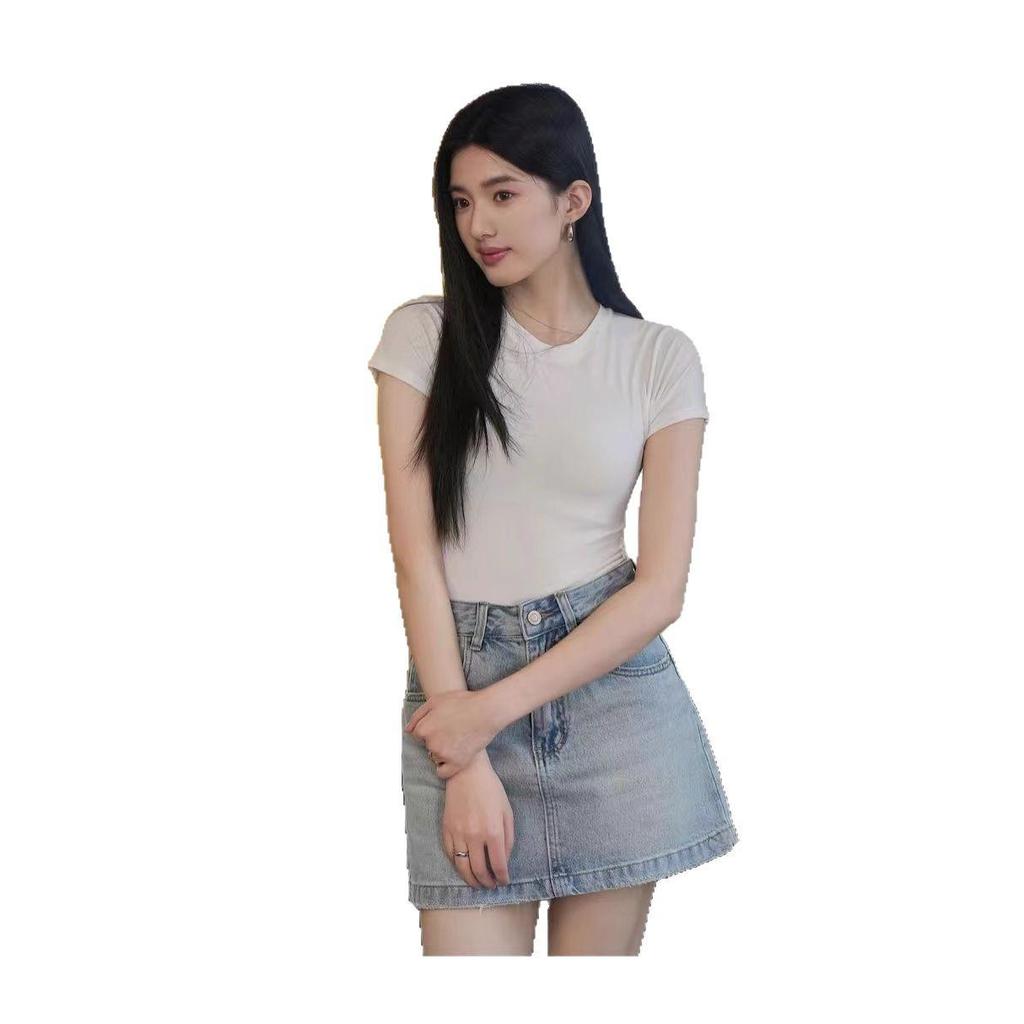 2025 Korean Style Solid Color Slim Fit Women's Short Sleeve T-Shirt