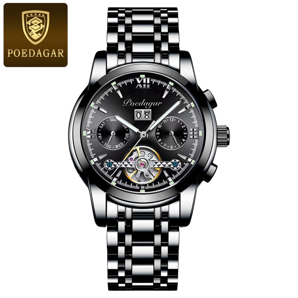POEDAGAR Automatische mechanische Herrenarmbanduhr Hohl-Tourbillon Edelstahl-Uhr Wasserdicht Leuchtend Datum Uhren