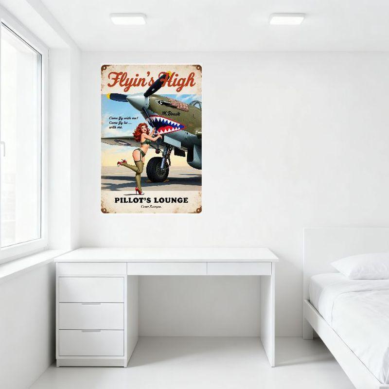 Vintage Aviation Metal Tin Sign Flyin’s High with Airplane & Pin-Up Girl “Pilot’s Lounge” Retro Wall Decor for Man Cave Bar Café