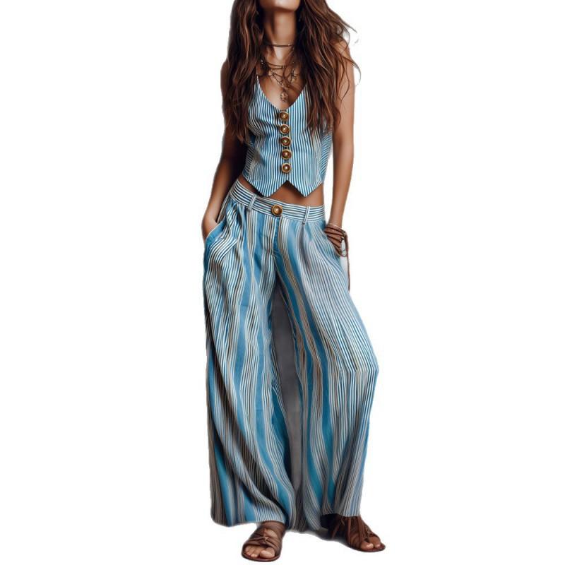 Wind Vertical Stripe Casual Vest Top Wide-leg Pants Set
