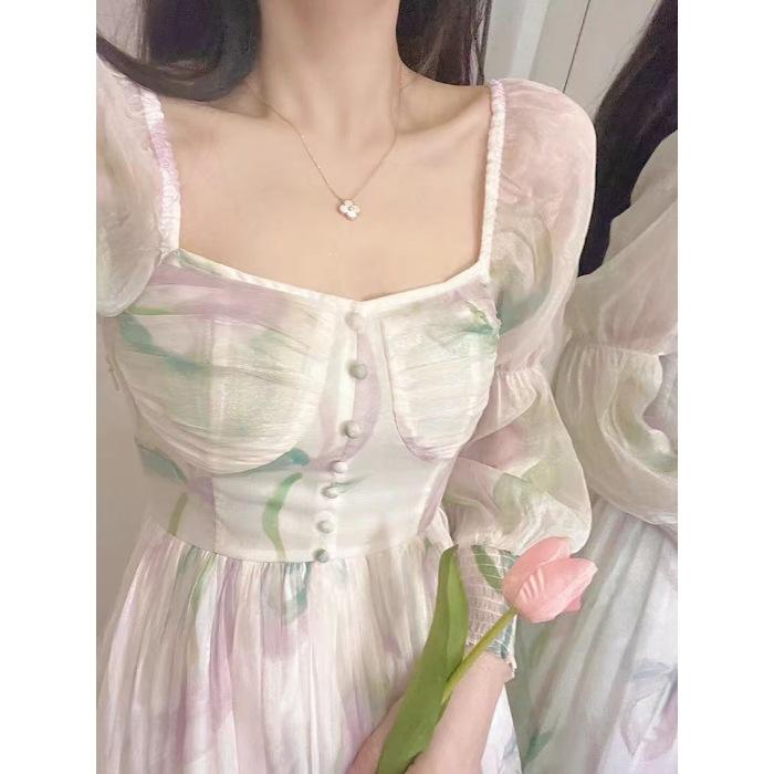 Floral chiffon square neck bubble sleeve dress women's summer feeling long waist fairy fairy skirt