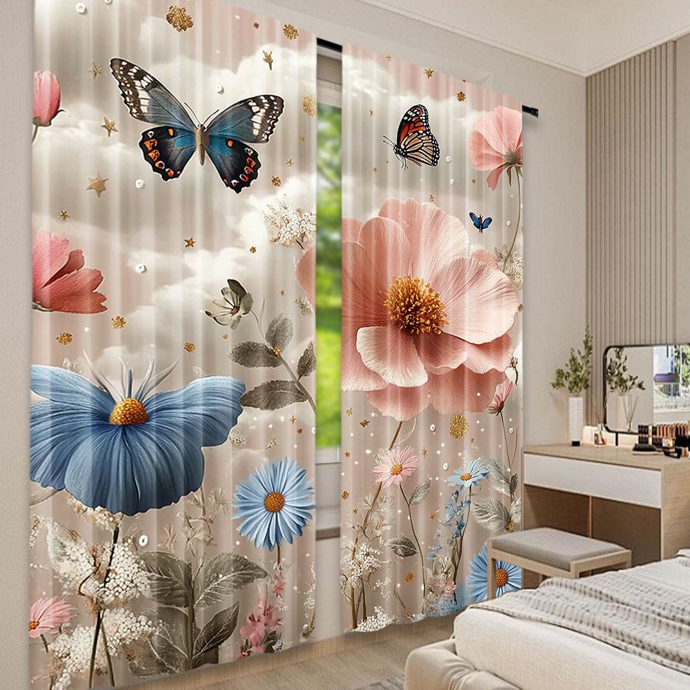 2Pcs Floral Curtain Spring Flowery Efflorescent Garden With Petals And Butterflies For Living Room Bedroom And Dining Room