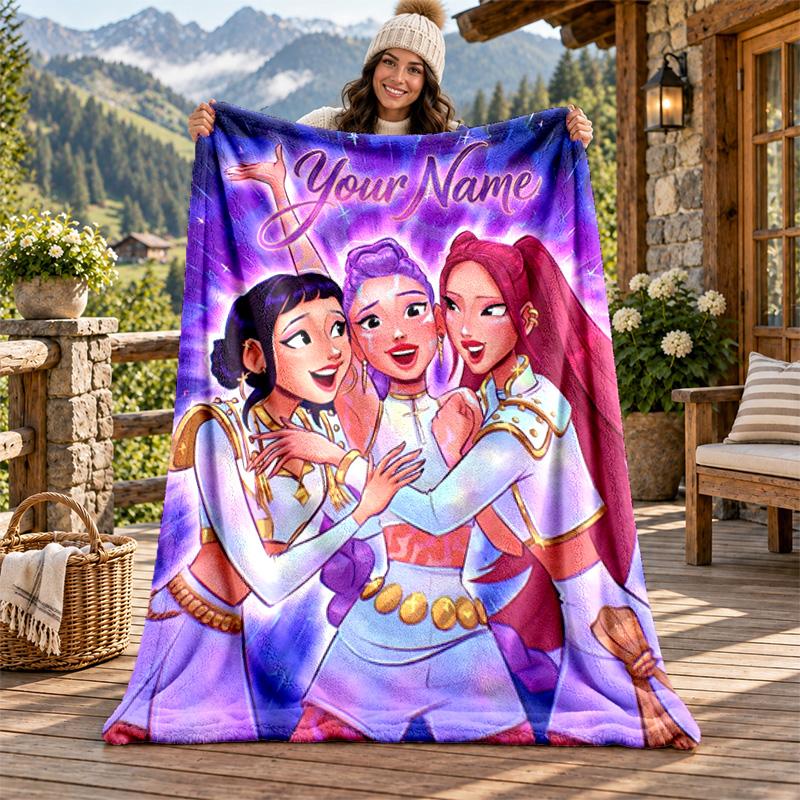 Kpop Demon Hunters Custom Name Flannel Blanket Personalized Soft Warm Plush Throw Blanket Customized Gift for Family Friends
