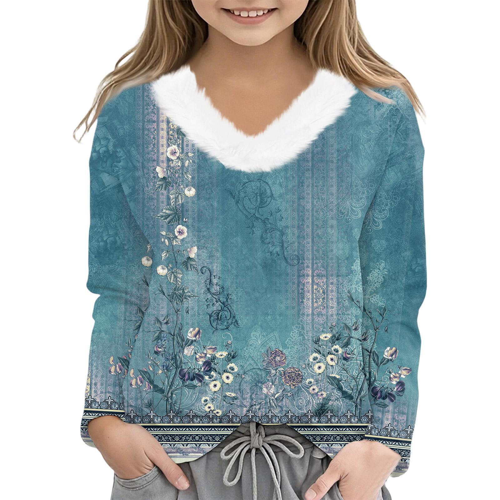 

Рождественские футболки с длинным рукавом для девочек, детская футболка с V-образным вырезом, рождественский принт, топ с длинным рукавом 160 небесно-голубой