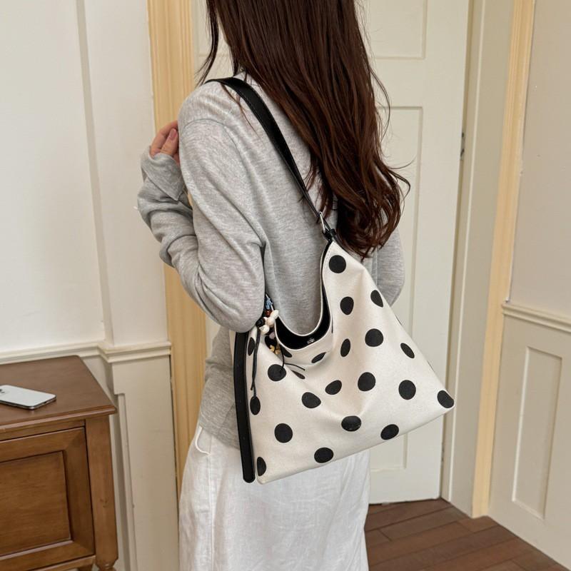 Korean Style Polka Dot Tote Bag Women Large Capacity Linen Look Shoulder Commuter Bucket Crossbody