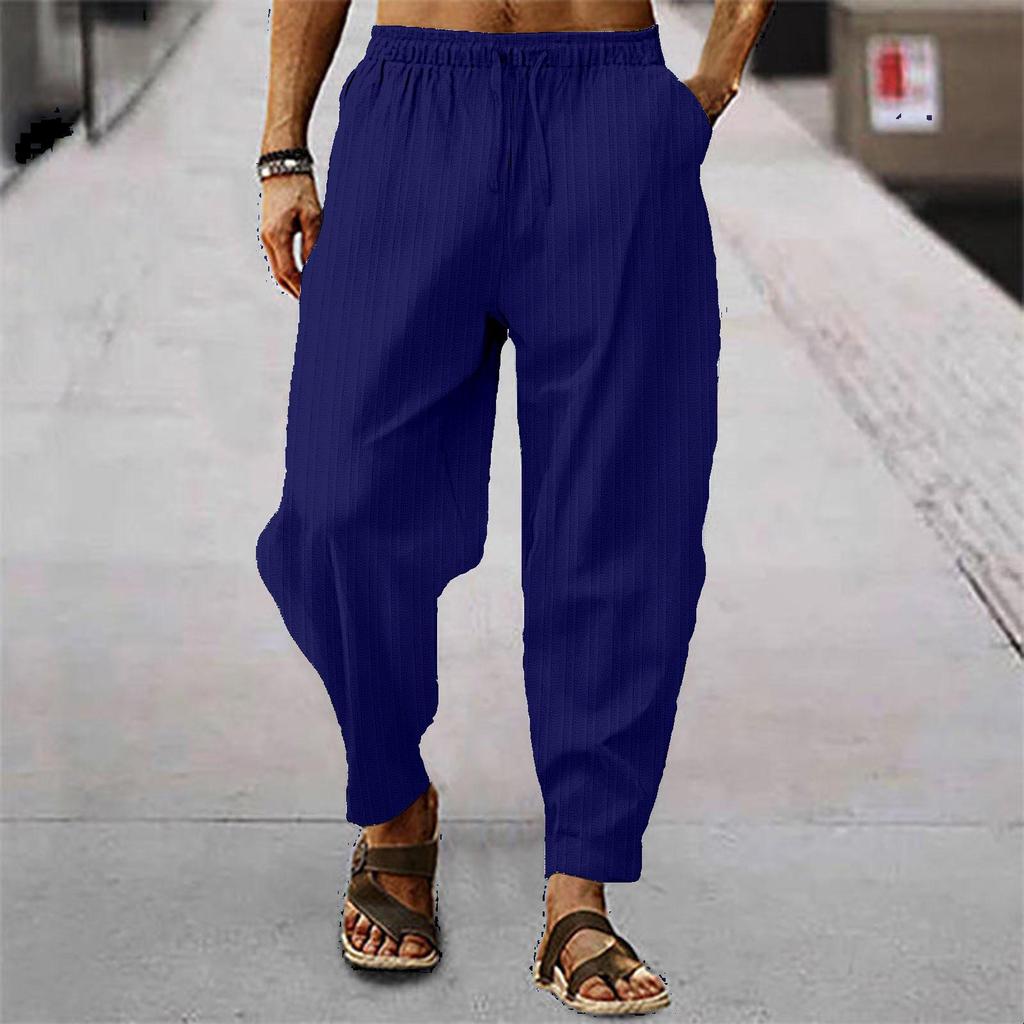 European/American Summer Men's Hip-Hop Cotton Linen Striped Loose Casual Sports Trousers