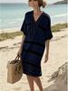 Polyester Digital Print Striped Vneck Dress With Short Sleeves For Casual Summer Wear