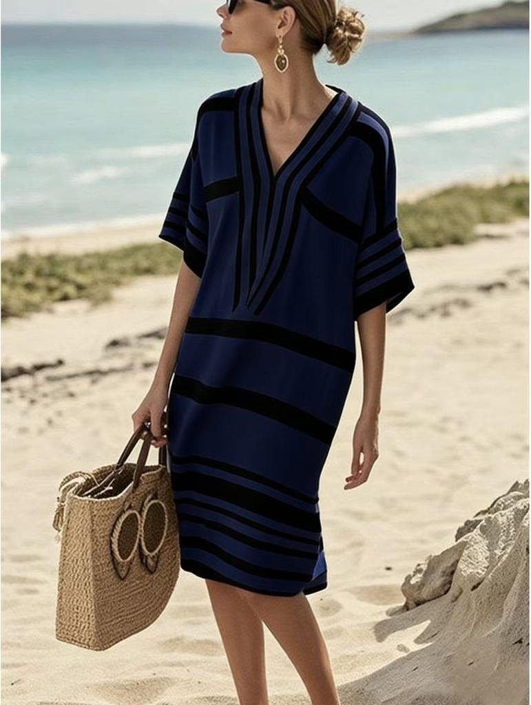 Polyester Digital Print Striped Vneck Dress With Short Sleeves For Casual Summer Wear