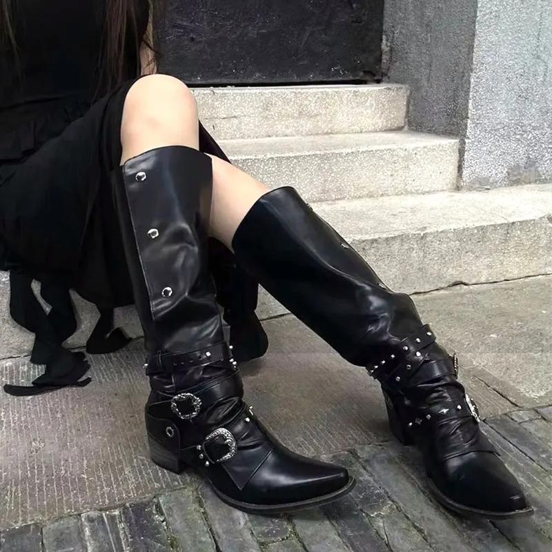 Fashion Wasteland Punk Style Gothic Black Vintage Motorcycles Boots for Women Pointy Toe Rivets Western Boot Shoes