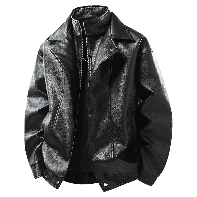 Men's leather jacket, new PU leather motorcycle fleece-lined loose versatile trendy leather jacket for men
