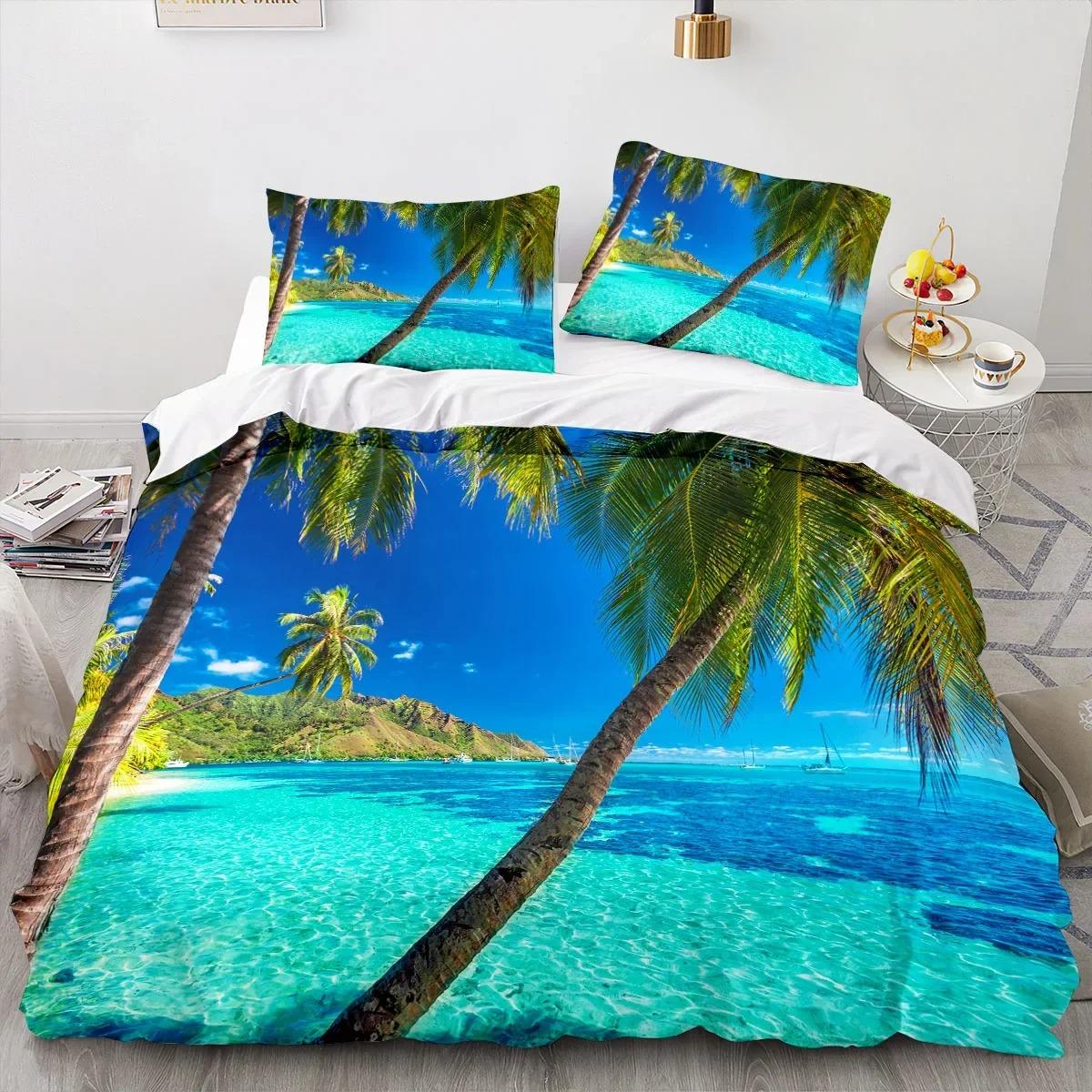 

3D Printed Sea View Coconut Bedding Set Pillowcase Duvet Cover Double Twin Full Queen King Adult Kids Bedclothes Quilt Cover Tool 70x133cm 2pcs