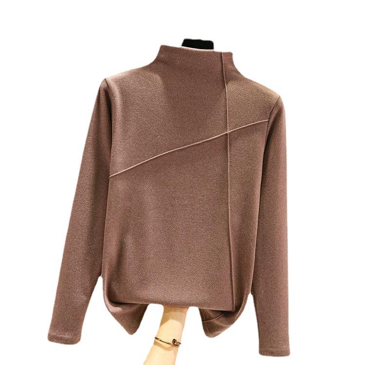 Tricou de toamnă/iarnă pentru femei, cu guler semi-înalt, mâneci lungi, stil coreean, din fleece dublu-față, cu design cu dungi duble