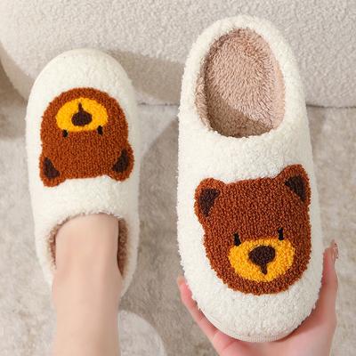 Cute Cartoon Bear Fluffy Slippers Women Indoor Soft Sole Warm Plush House Slilppers Woman Closed Toe Home Cotton Winter Shoes