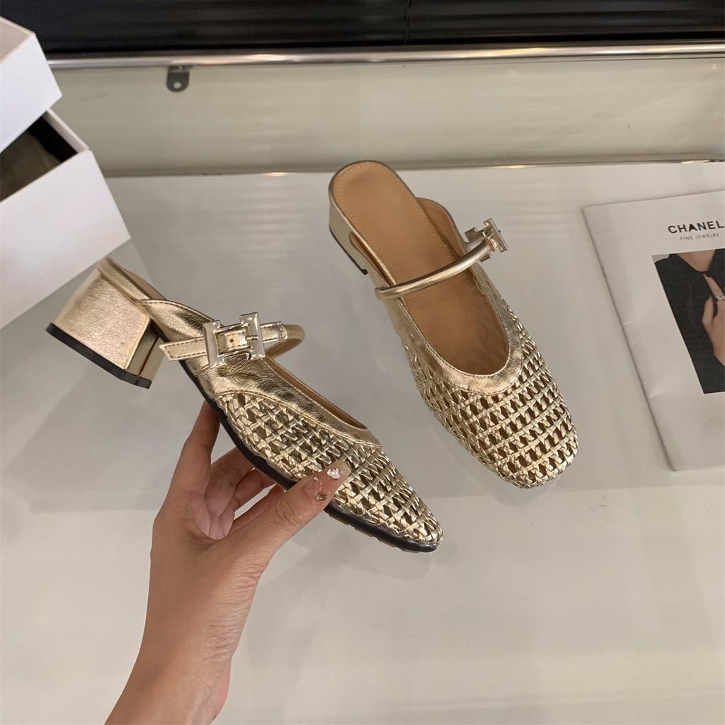 Golden woven mesh bag head half slippers women's shoes outer wear 2025 summer medium and high heel Mary Jane half tray single shoes