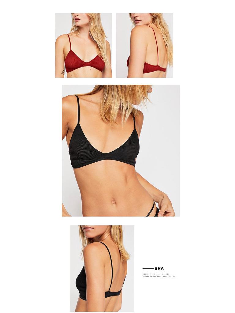 French Cotton V-Neck Women's Wire-Free Soft Elastic Ribbed Bra