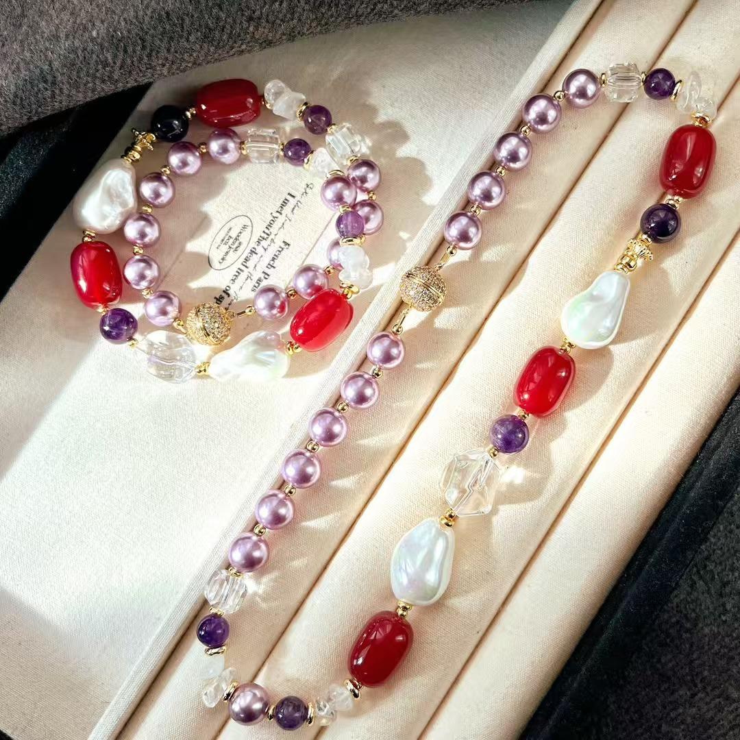 Vintage Natural White Crystal Chalcedony Amethyst Artificial Pearl Collarbone Chain Necklace