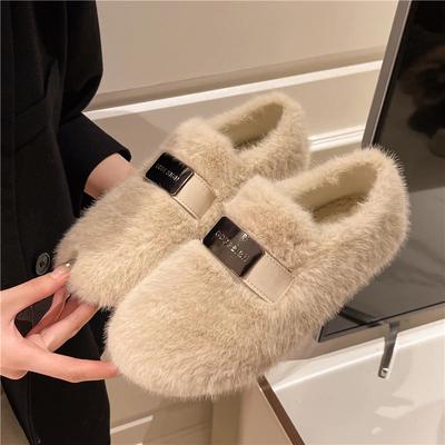Fashion Women Flat Shoes Round Head Plush Upper and Lining Metal Decoration Shoes for Women One Kick Outdoor Fashion Flats Sweet 2024