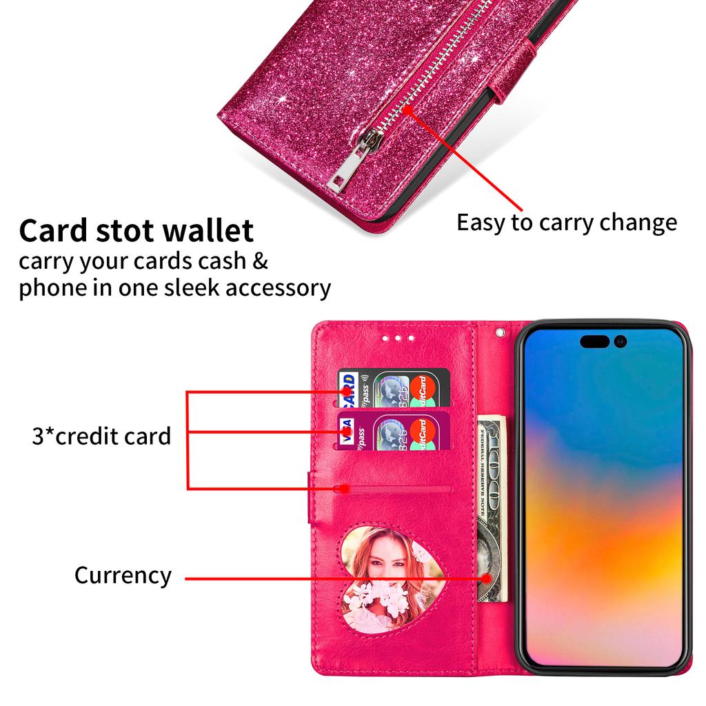 Reißverschluss Glitzer Leder Hülle für iPhone 17 Air 16 16E 15 14 13 12 11 Pro Max XS Max XR 8 7 Plus SE Flip Bling Geldbörse Handyhülle