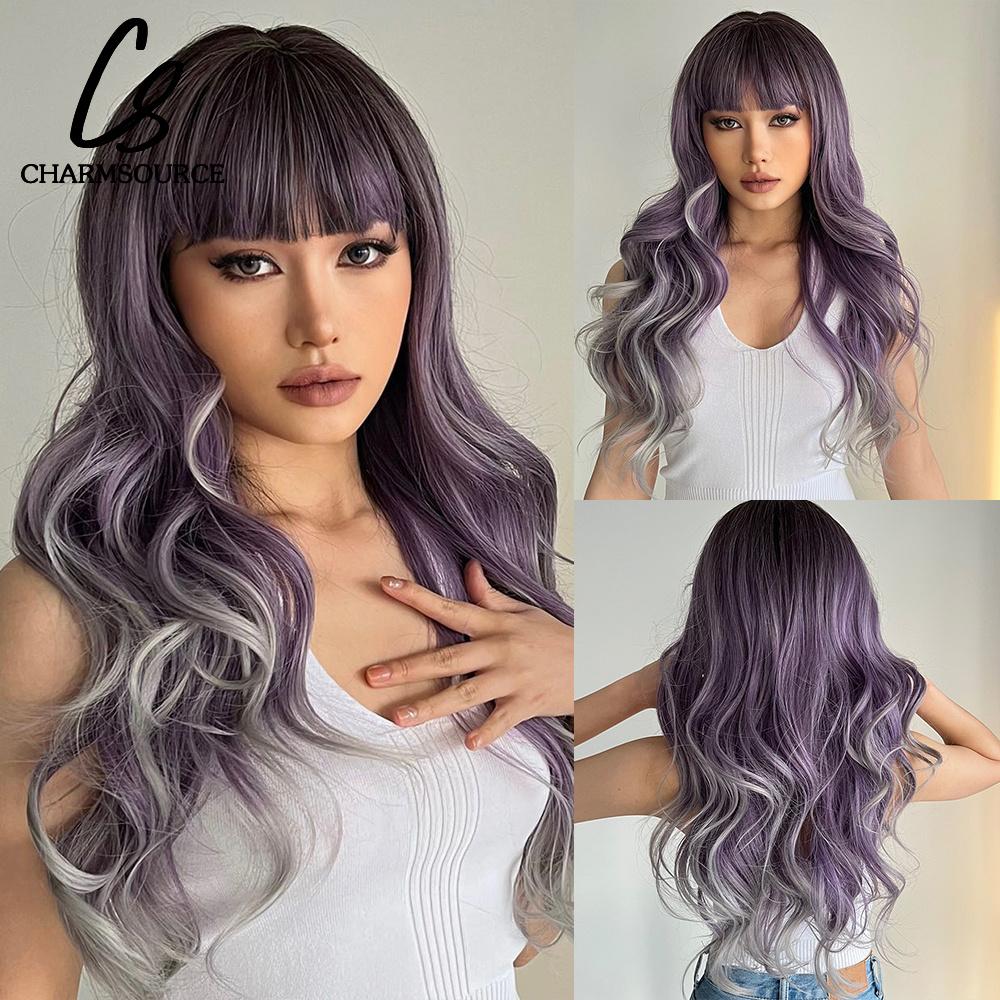CharmSource Lange natürliche gewellte Perücke mit ordentlichem Pony/Fransen für Frauen, rosa Haar, synthetische Perücken, Cosplay, Party, hitzebeständige Faser