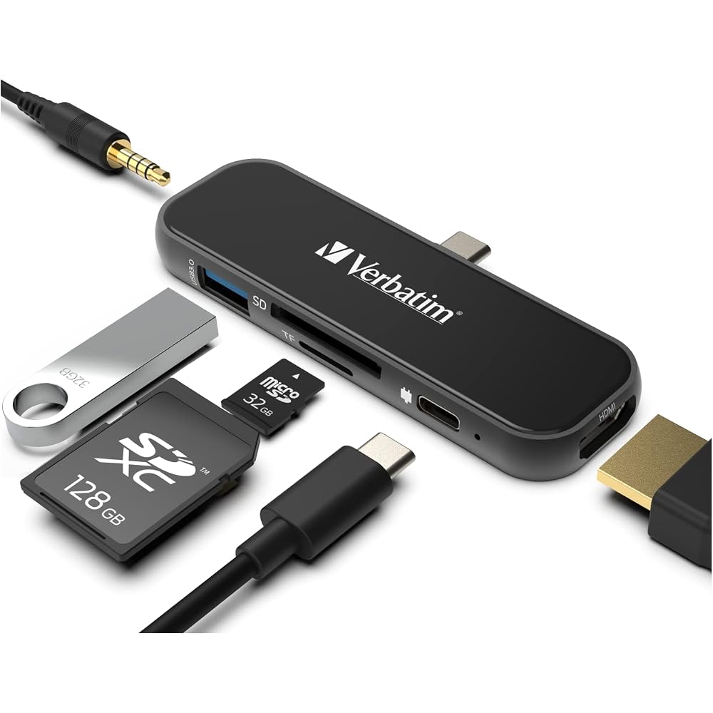 Verbatim 6-in-1 USB-C Hub - Type C Hub 100W PD USB 3.0 SD Card Reader 4K HDMI 3.5mm Audio USB Hub for Laptops Portable & Compact USB-C Hub