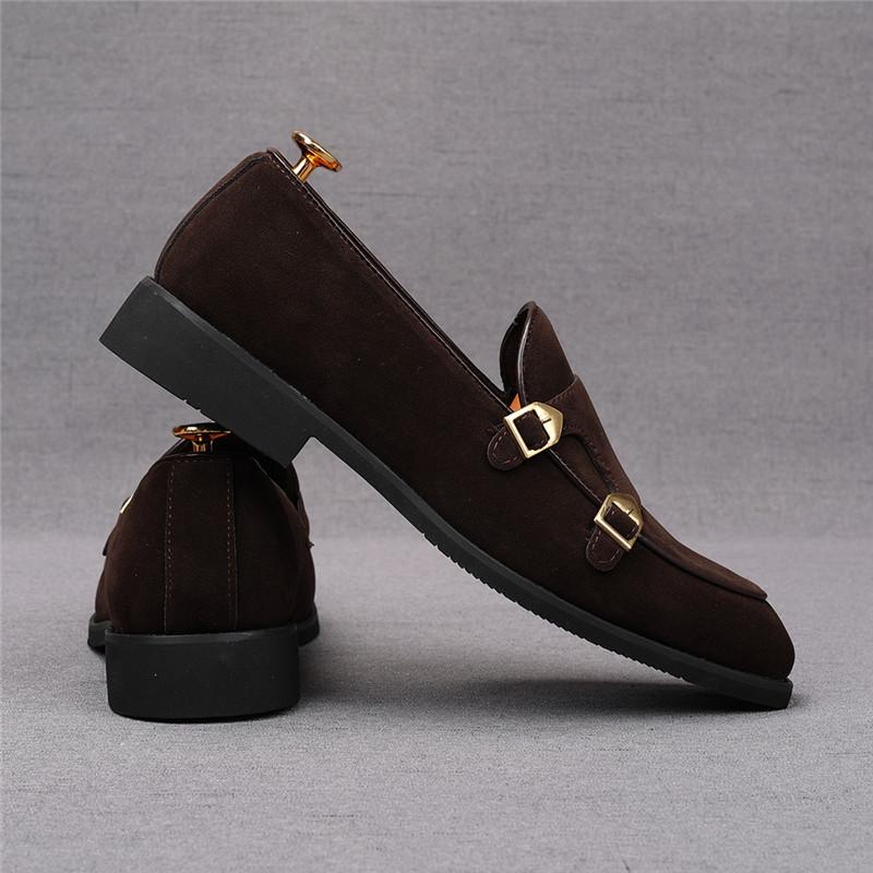 Fashion Fashion New Men's Pointed Suede Leather Monk Strap Loafers Male Luxury Designer Homecoming Wedding Dress Prom Evening Shoes