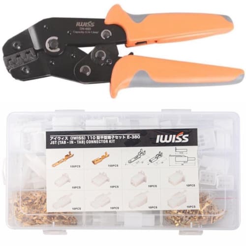 IWISS Flat Terminal Sleeve, 110 Type Female, Tab-in-Tab Connector Set, Simultaneous Crimping Pliers SN-48B + 380KIT