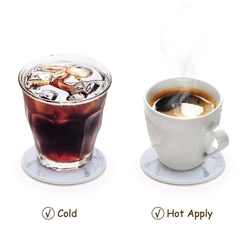 6 Pcs Home Kitchen Marble Pattern Cup Coaster Creative Round Edge Cup Mat Drink Mat Pu Leather Cup Pad Thermal Insulation