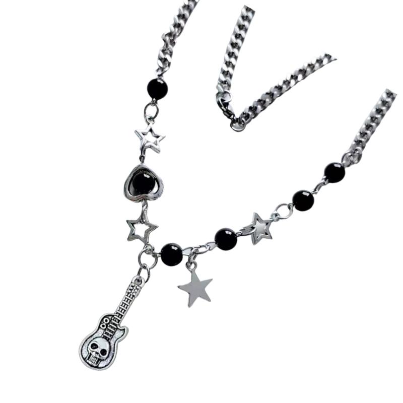 Guitar Star Pendant Clavicle Chain Heart Bead Neckchain Women Metal Necklace Adjustable Length Collarbone Chain Jewelry