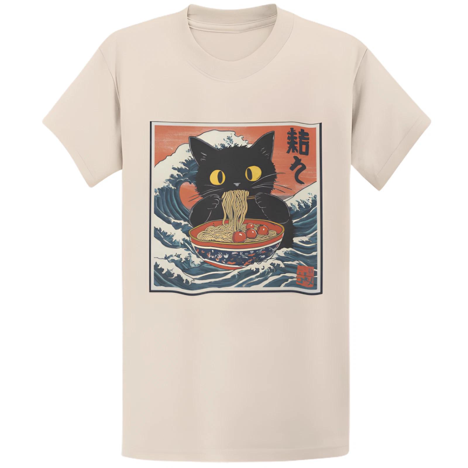 Gildan 5000 Retro Cat Eating Ramen T-Shirt - Vintage 90s Ramen Lover Gift Tee L