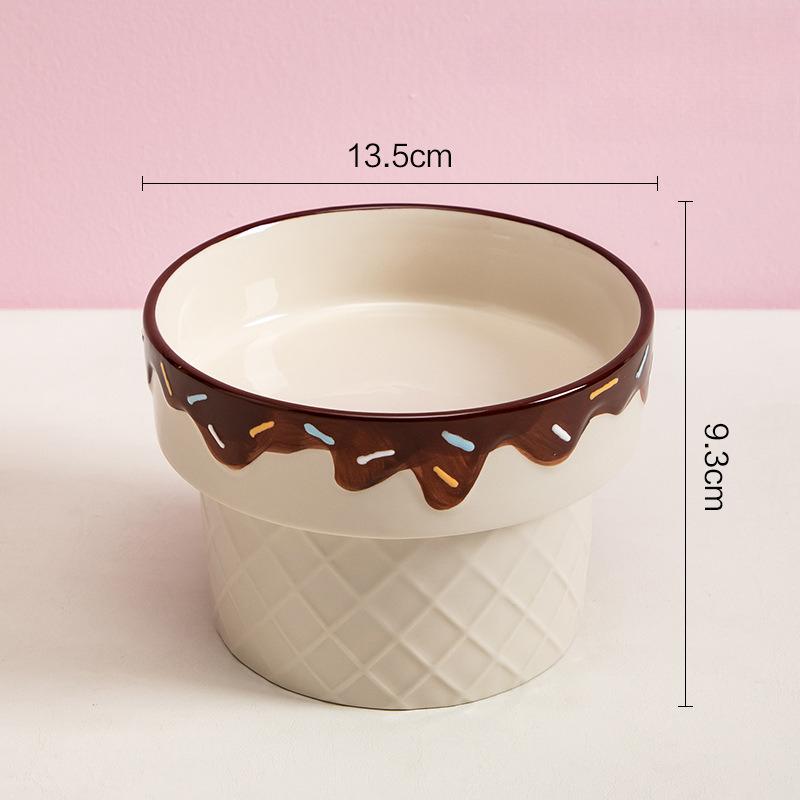Creative Ceramic Drinking Water Food Bowls Anti Overturning Neck Protection Flat Mouth Ice Cream Pattern Cat Bowl, Supplies, 1Pc