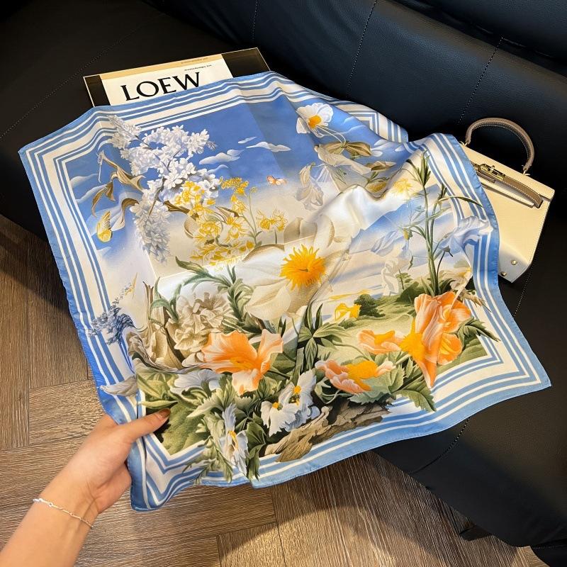 Silk scarf women's spring and autumn decoration versatile ins simple style striped square scarf streamer simulation silk fashion scarf scarf scarf