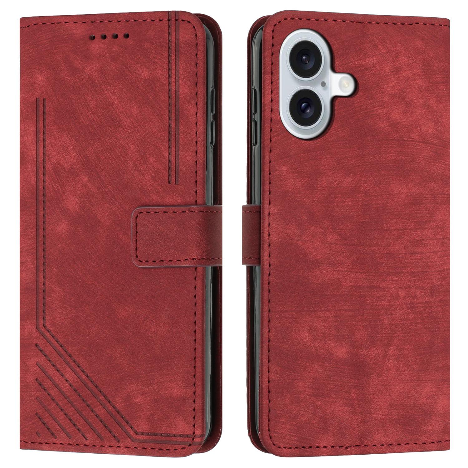 

For iPhone 16 Plus Case Flip Wallet Protective Lines Leather Phone Cover Red