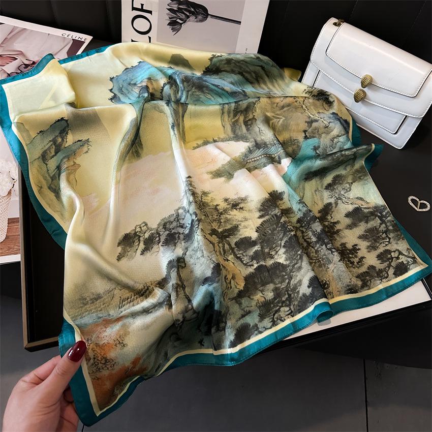 Elegant Ginkgo Leaf Print Silk Square Scarf – Versatile Headscarf for Spring and Summer