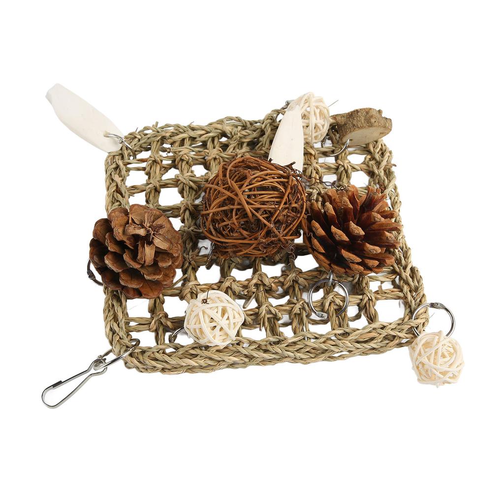 Parrot Climbing Mat Toy Seagrass Woven Bird Hammock Chewing Net with Cuttlefish Bone for Lovebird Cockatiel