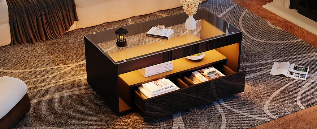 Modern Coffee Table with LED Light, Rectangular Sofa Table, 2 Large Drawers, Living Room Table Made of Glass, Double-Layer, High-Gloss, Black