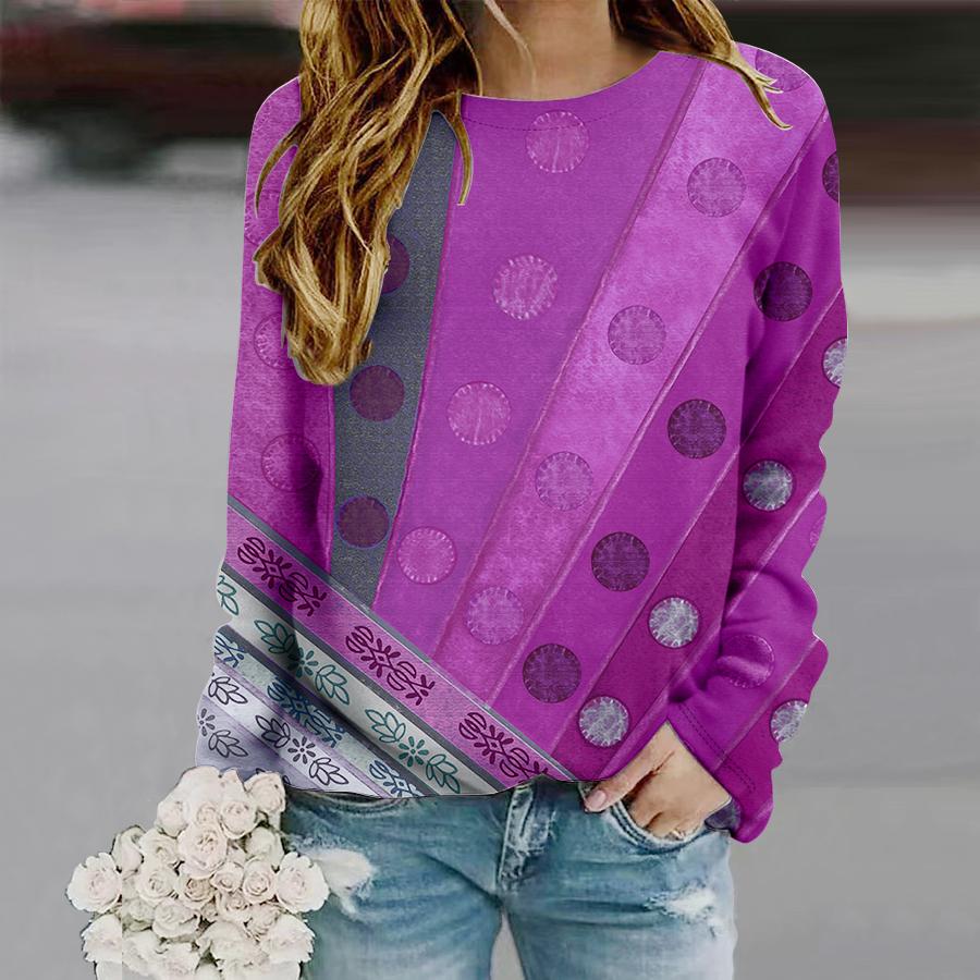 Tops For Women Color Blocked Dot Chart Print Round Neck Long Sleeve T-shirt Fall Casual Slim Pullover Women's Long Sleeve Top